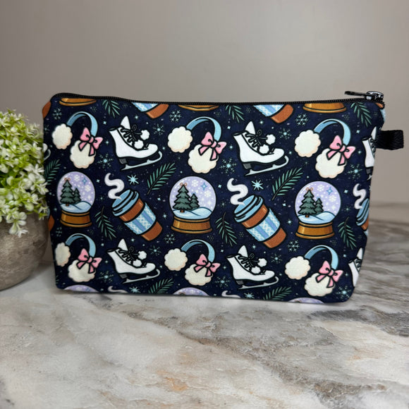 Pouch - Christmas Holiday -  Navy Blue Snow Globe Ice Skate