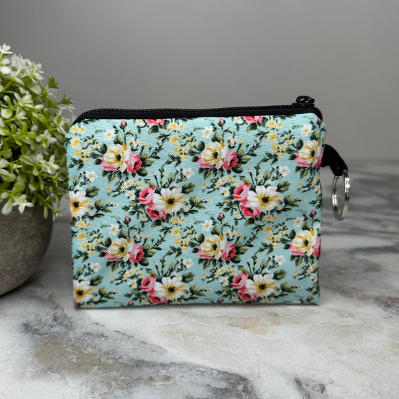 Mini Pouch - Floral Pink Yellow on Mint