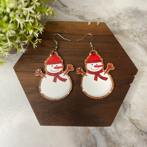 Wooden Dangle Earrings - Christmas - Snowman Hat Scarf