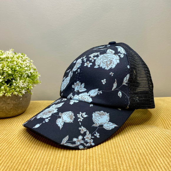 Hat - Criss Cross Ponytail - Black with Grey Roses