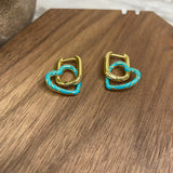 Metal Dangle Earrings - Heart Link - Turquoise