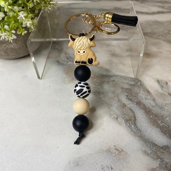 Keychain - Silicone Bead - Highland Cow - Black