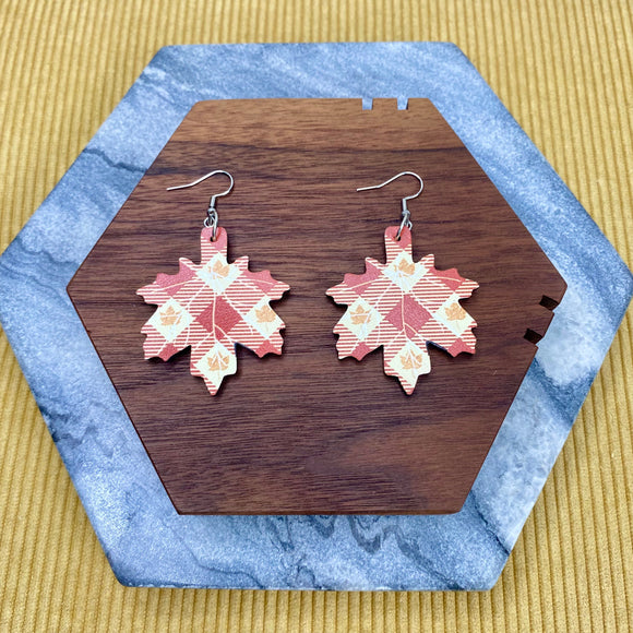 Wooden Dangle Earrings - Fall - Plaid Leaf