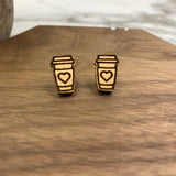 Wooden Stud Earrings - Coffee Cup Heart #2