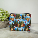 Mini Pouch - Christmas Winter - Highland Cow Blue Trees