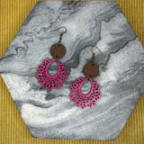 Wooden Earrings - Fuchsia Lace Faux Leather