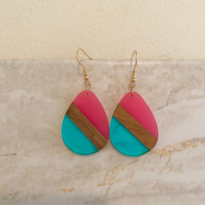 Dangle Earring - Wood & Acrylic - Pink & Blue See-Through