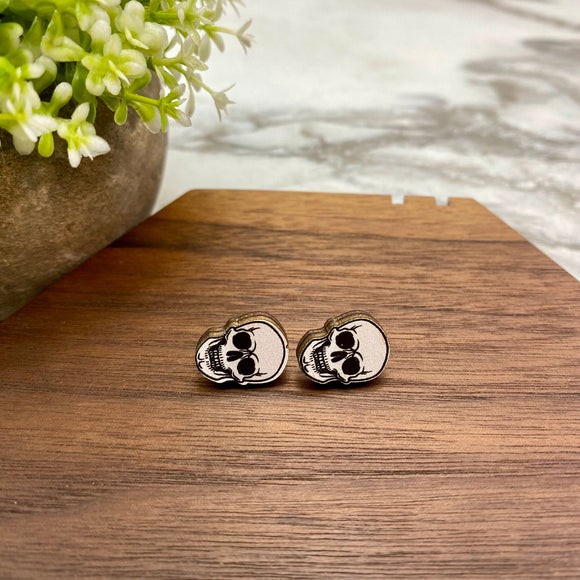 Wooden Stud Earrings - Halloween - White Skull