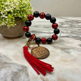 Wooden Bead Bracelet Keychain - Mama - Red Black Plaid