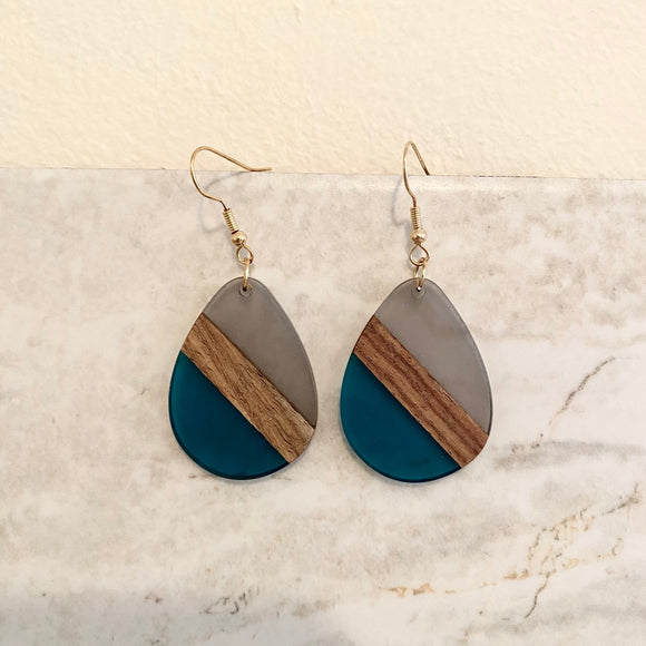 Dangle Earring - Wood & Acrylic - Gray & Blue See-Through