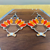 Wooden Dangle Earrings - Fall - Turkey with Hat