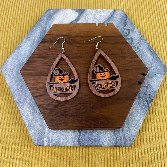 Wooden Teardrop Cutout Earrings - Halloween - Welcome Witch Pumpkin Broom