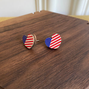 Wooden Stud Earrings - USA Flag Heart