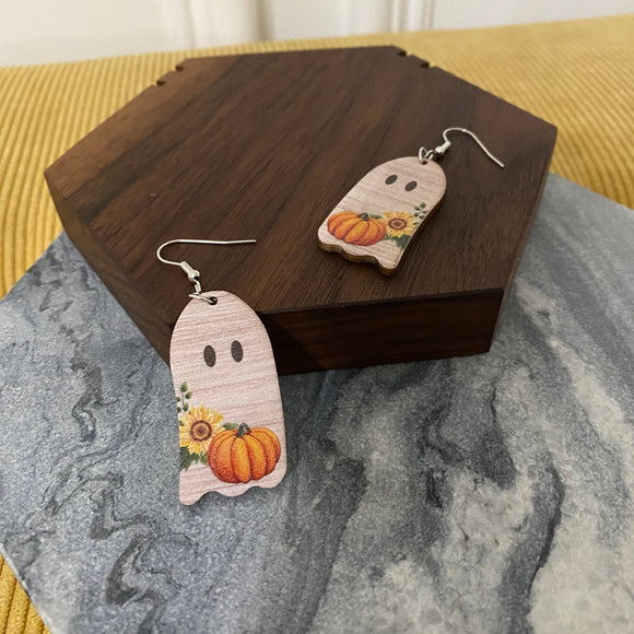 Wooden Earrings - Ghost Sunflower Pumpkin