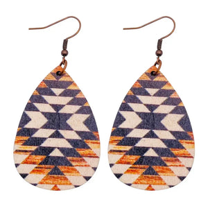 Wooden Teardrop Earrings - Aztec Orange Black
