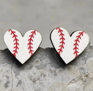 Wooden Stud Earrings - Baseball Heart