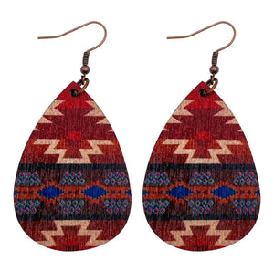 Wooden Teardrop Earrings - Aztec Terracotta