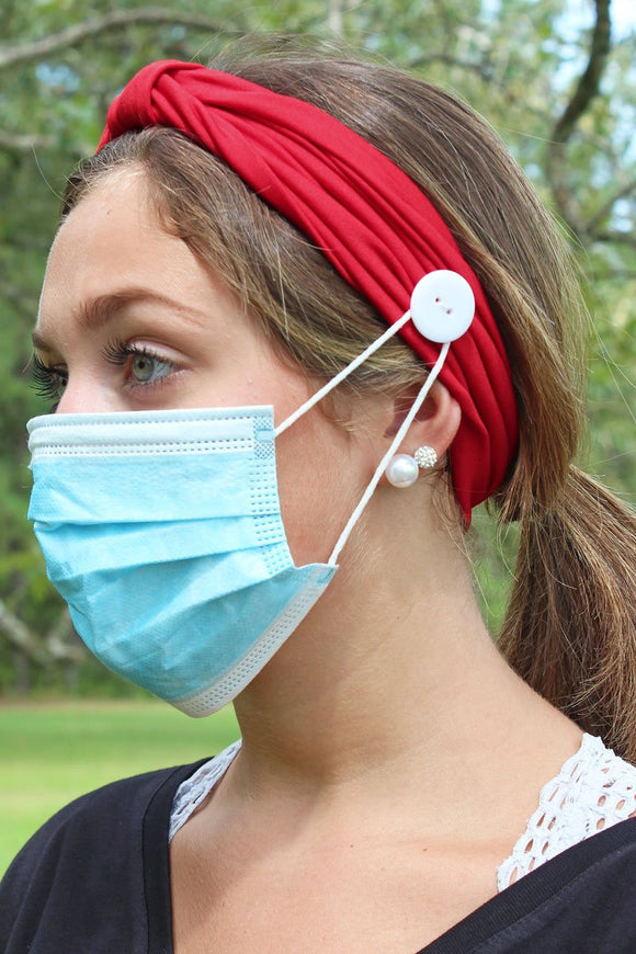 Red Wide Button Headband Face Mask Holder